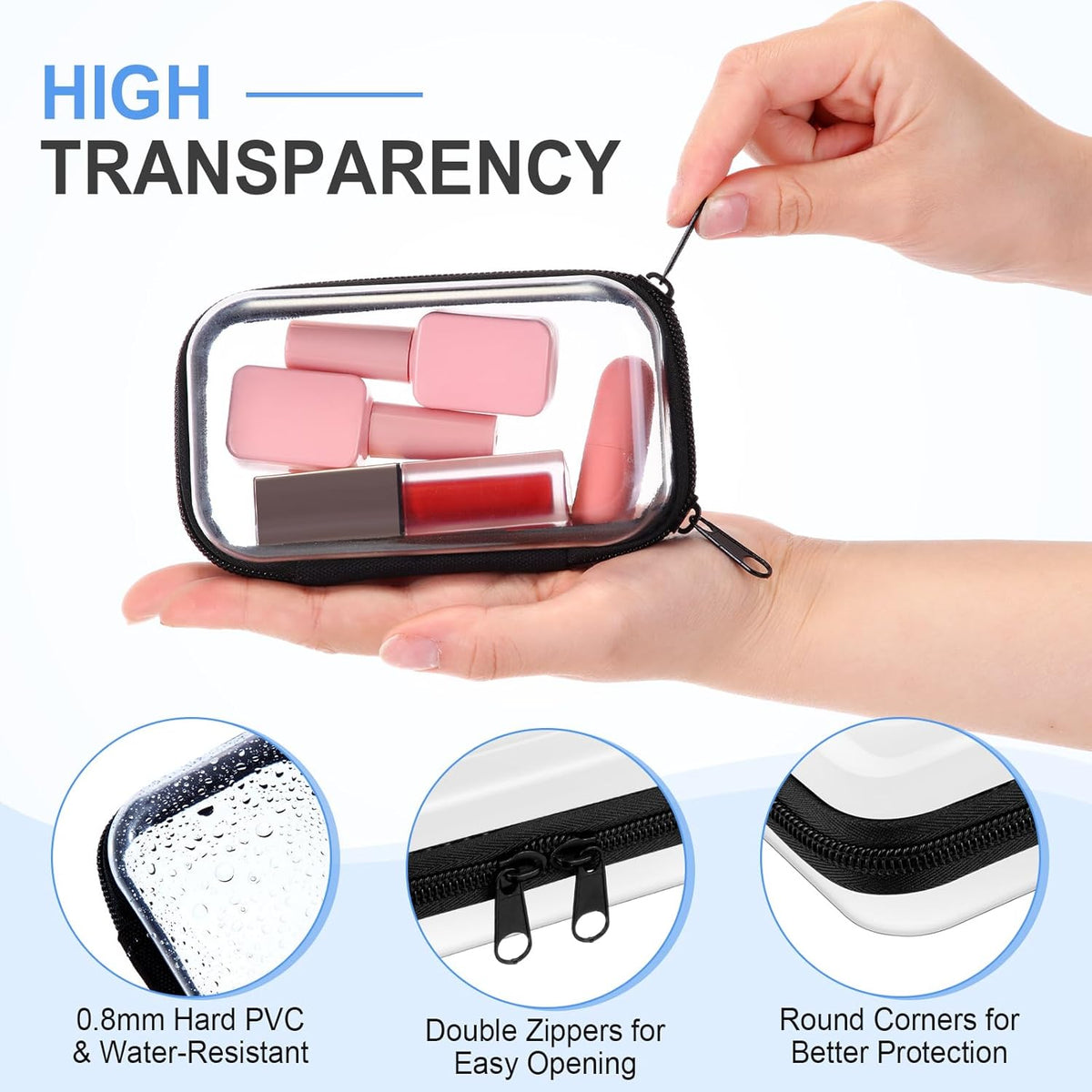 Hoolerry 3 Pcs Clear Hard Zipper Case Plastic Pouch Transparent Hard Case Clear Makeup Bag Portable