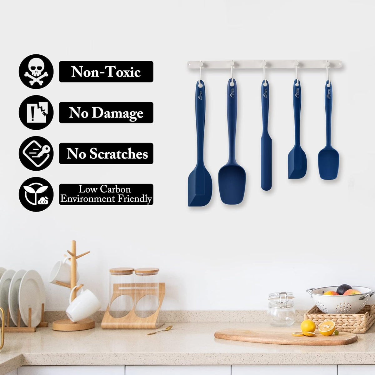 HOTEC 600℉ Heat Resistant BPA-Free Silicone Rubber Spatula Set, Kitchen Cooking Spatulas, Baking
