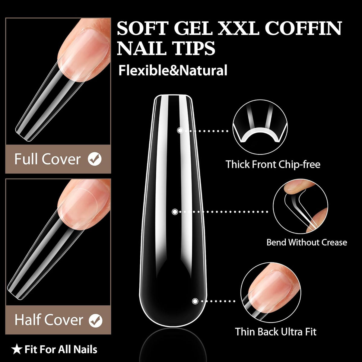 UNA GELLA XXL Coffin Nails Tips Full Cover 216pcs Extra Long Coffin Nail Tips No C Curve Clear