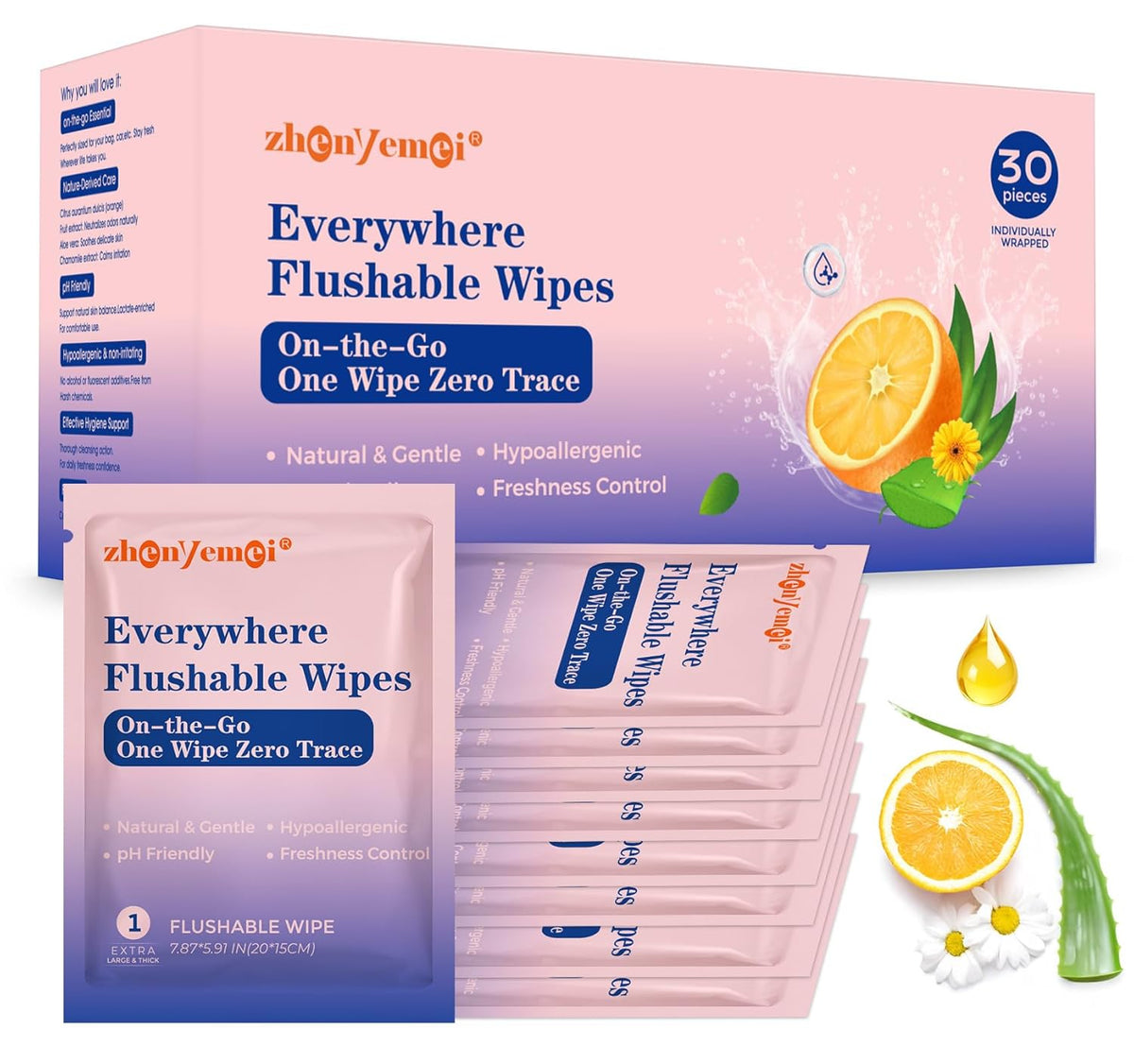 Thickened Flushable Wipes 30 Counts - ON-THE-GO Individually Wrapped for Women Men I Wet Wipes for