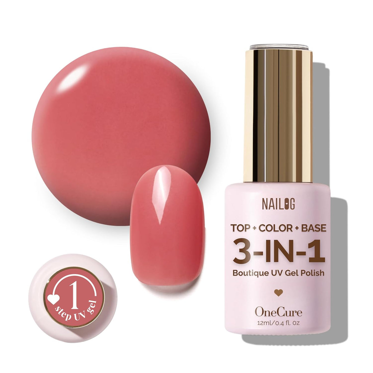 NAILOG One Step Gel Nail Polish 12ml Top Coat Color Gel Base 3-In-1 Formula Soak Off UV Gel Polish