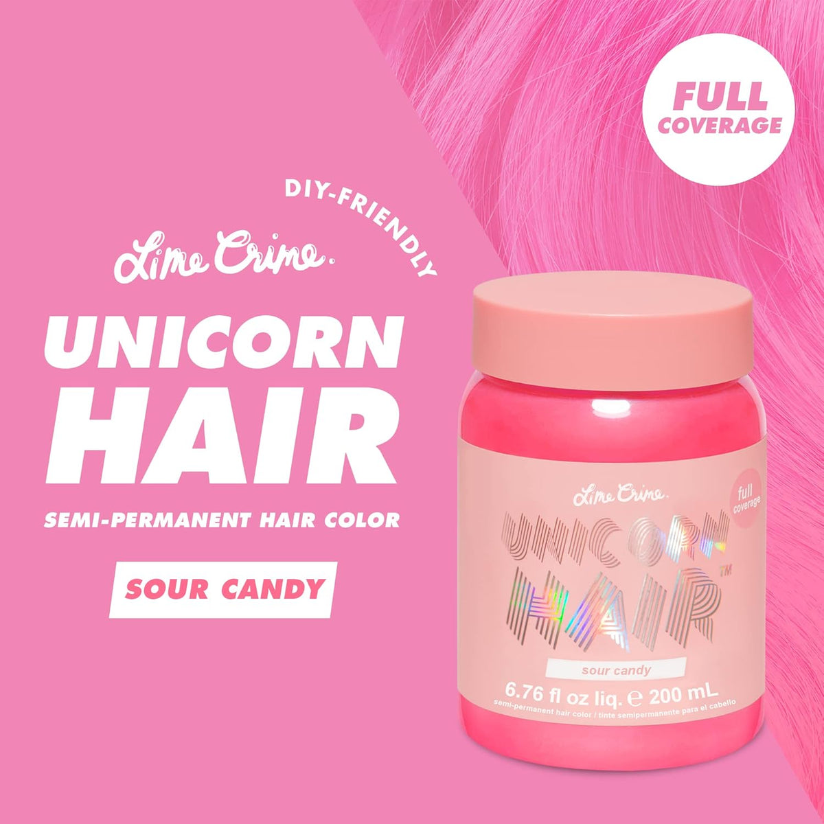 Lime Crime Unicorn Hair Dye Full Coverage, Sour Candy (Bright Pink) - Vegan and Cruelty Free