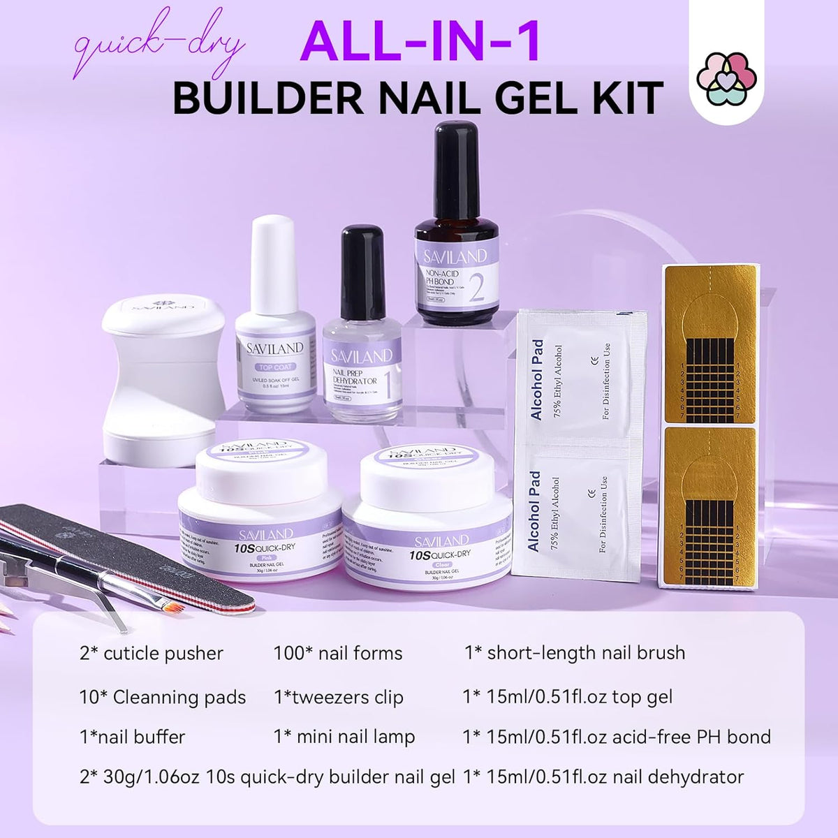 SAVILAND Quick-dry Builder Nail Gel Kit - Clear Pink Builder Hard Gel with Mini UV Light, Top Gels