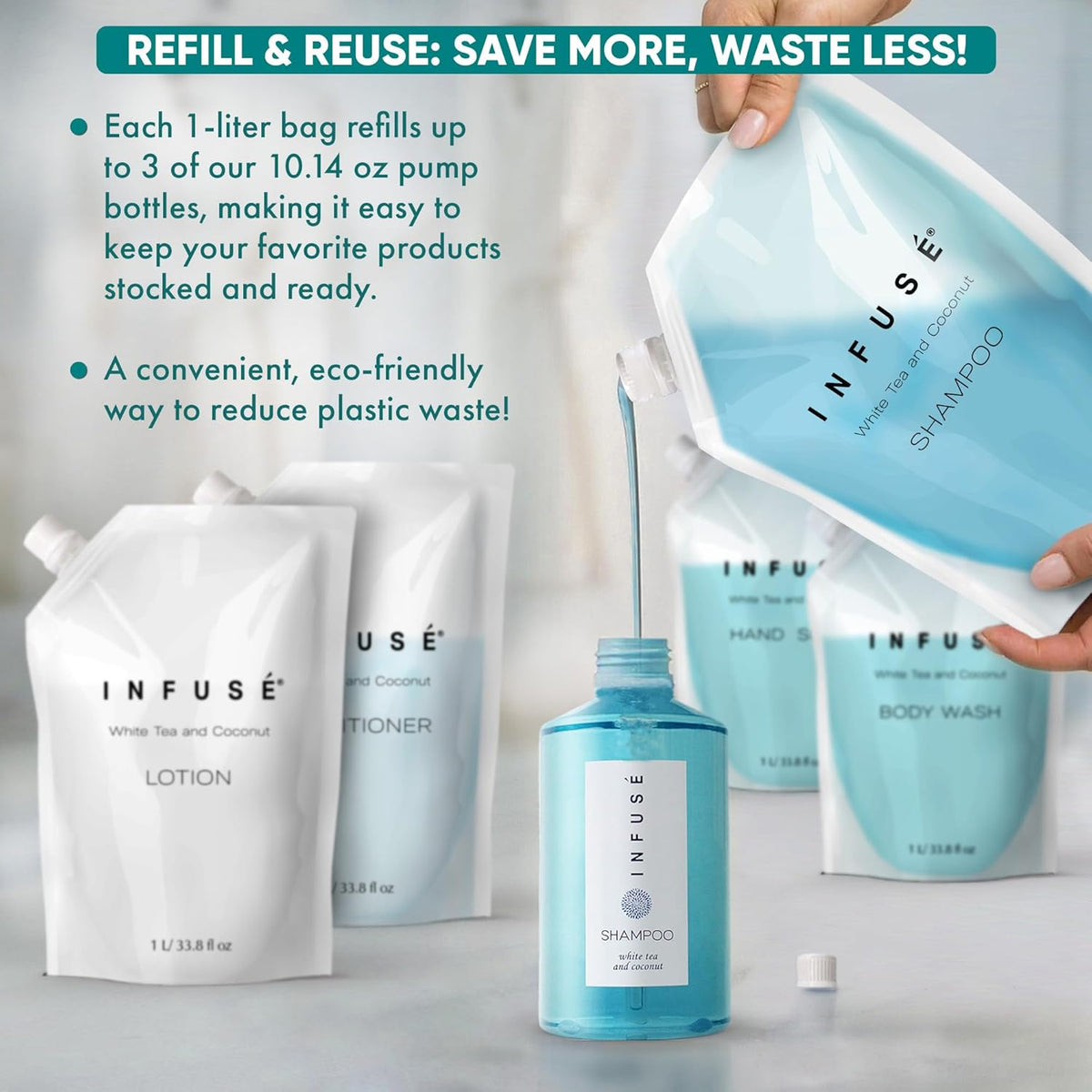 1 Liter Shampoo Refill Bag For Soap Dispensers | Bulk Toiletries for Vacation Rentals, and Home