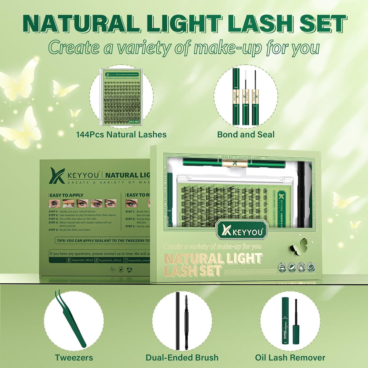 KEYYOU Natural Lash Clusters Kit 144Pcs DIY Lash Extension Kit Wispy Eyelash Extensions Kit D Curl