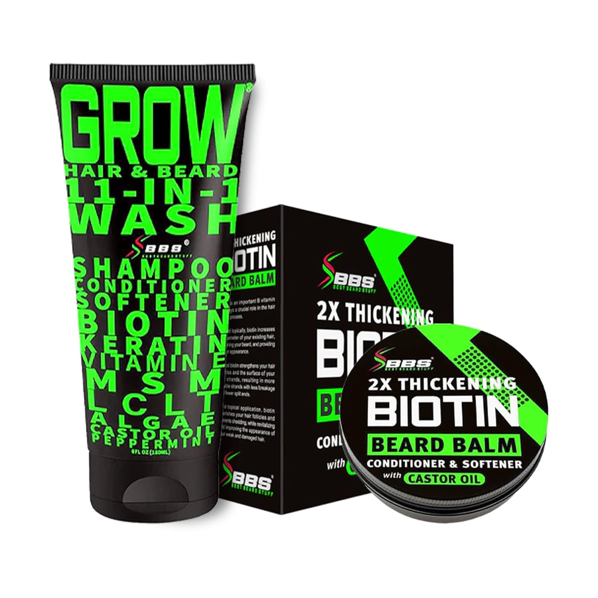 Beard Growth Kit w/ 2X Thickening Biotin Beard Balm for Men & Mustache Wax + GROW Maximum Strength