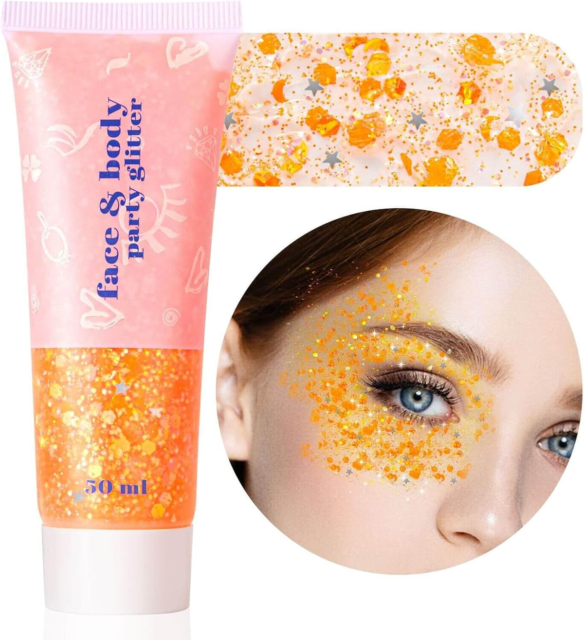 MEICOLY Orange Face Body Glitter,Sparkling Face Glitter Gel,Mermaid Sequins Face Paint Glitter
