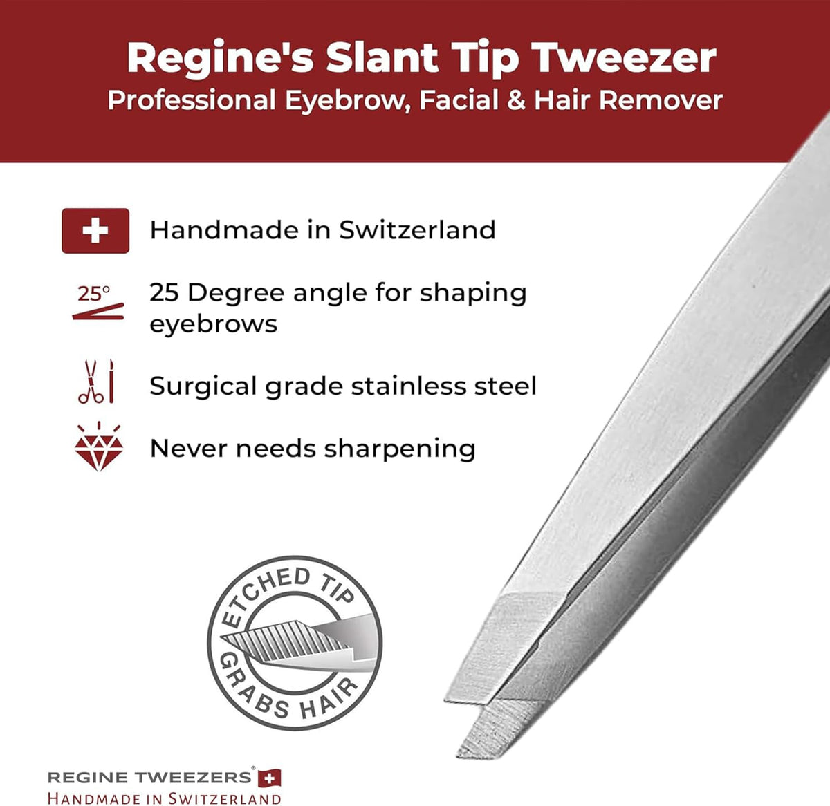 Professional Tweezers Slant Tip - Etched Tip Brow and Eyebrow Tool for Men and Women - Precision