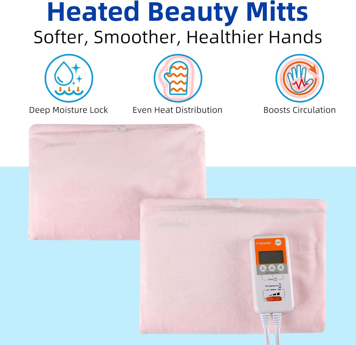 Electric Hand Warmer, Heated Beauty Mitts, 3-Temp Levels & Timer, Digital Display, 7x10 Heated