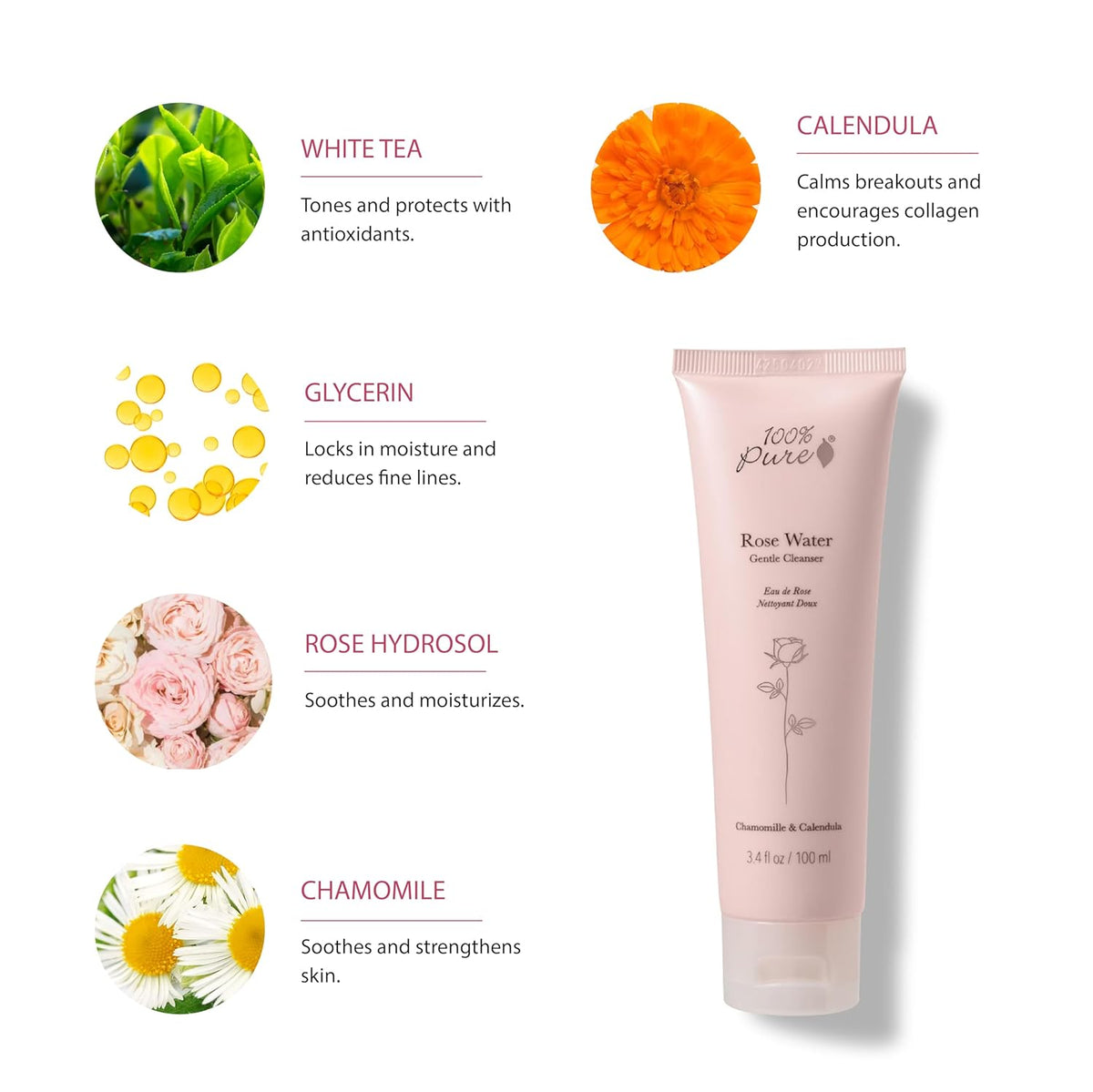100% PURE Rose Water Gel Cleanser Deeply Moisturizing Hydrating Face Wash with Chamomile &