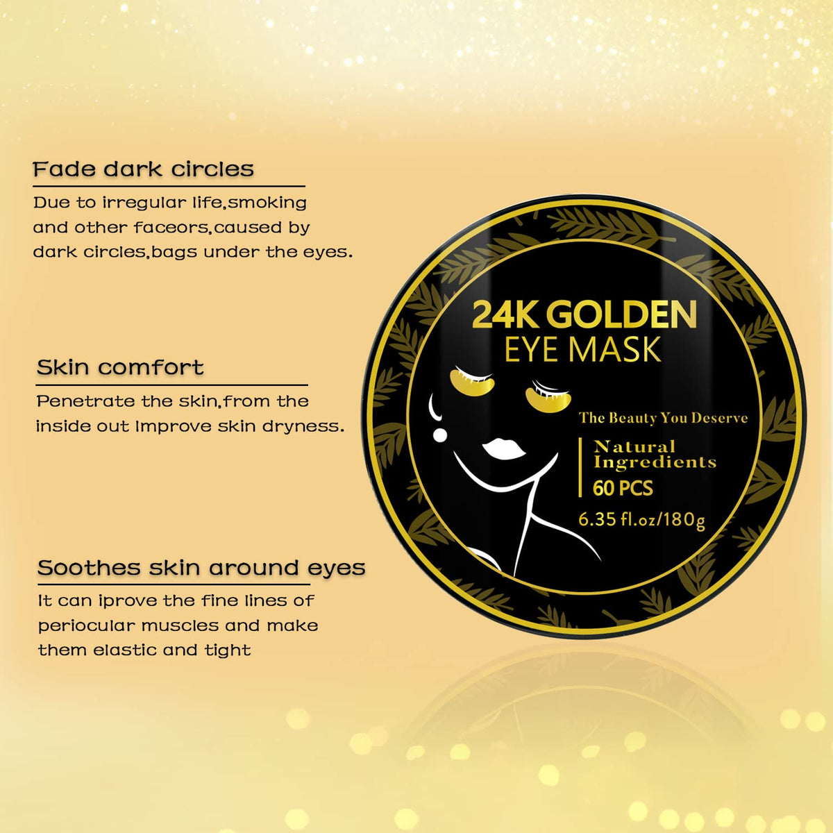 Under Eye Patches, 24K Gold Eye Mask, 60PCS Under Eye Mask, Collagen Gel Pads Patch Treatments for