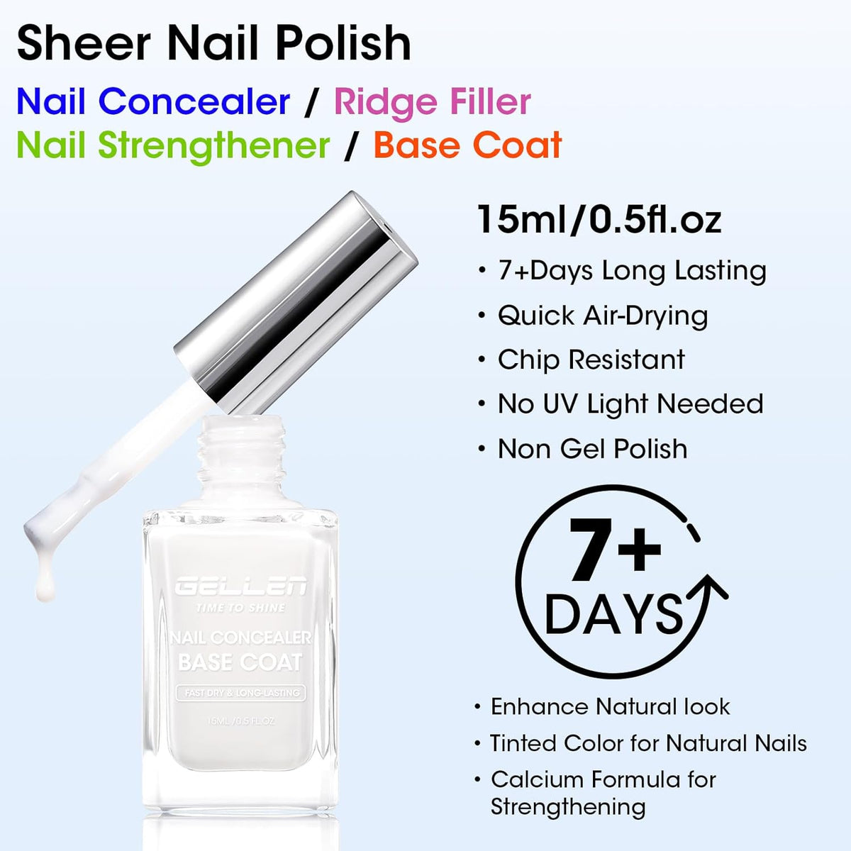 Gellen 4-In-1 Illuminating Nail Concealer Base Coat Polish Milky White, Nail Strengthener Ridge