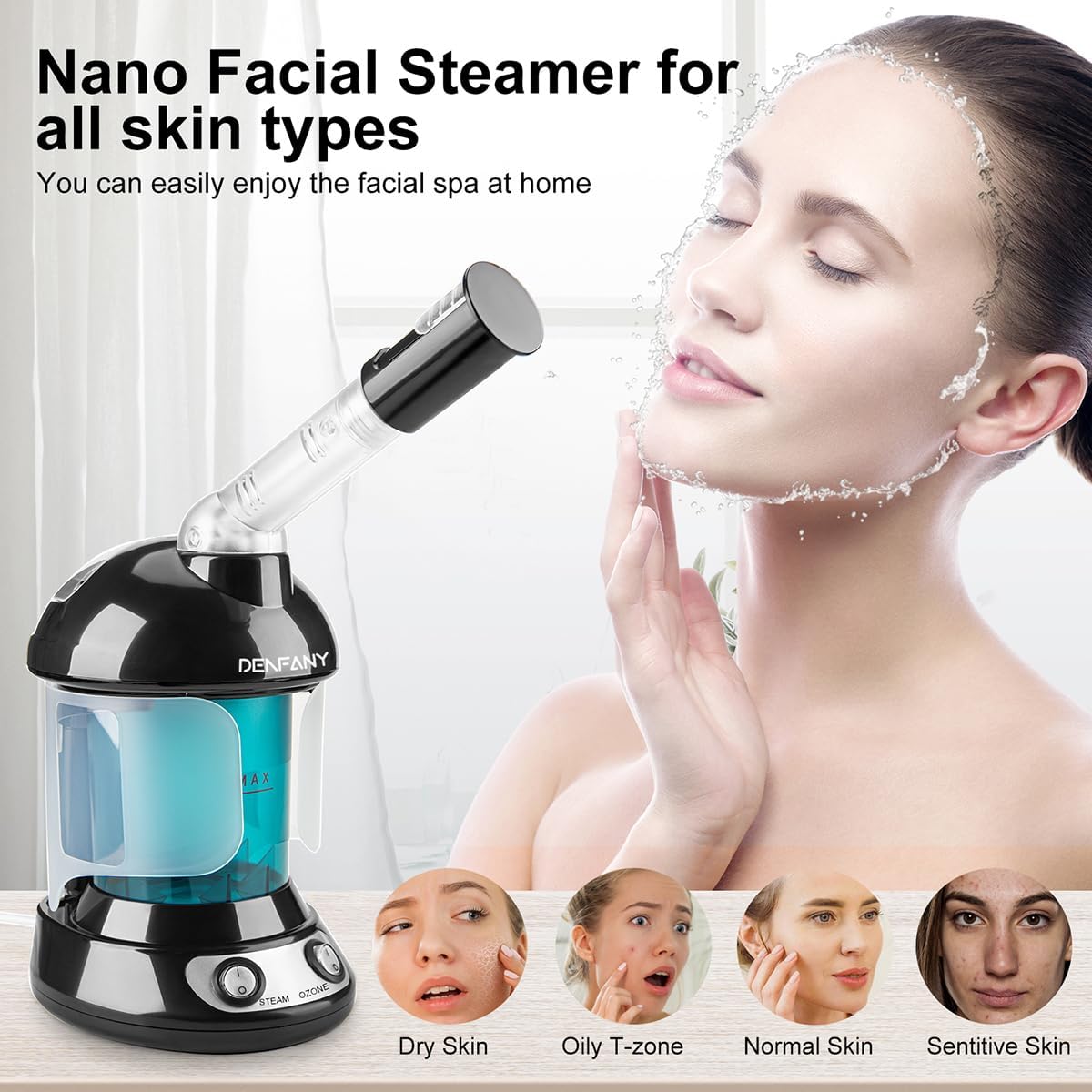 Facial Steamer - DENFANY Nano Ionic Face Steamer with Extendable 360° Rotating Arm - Portable