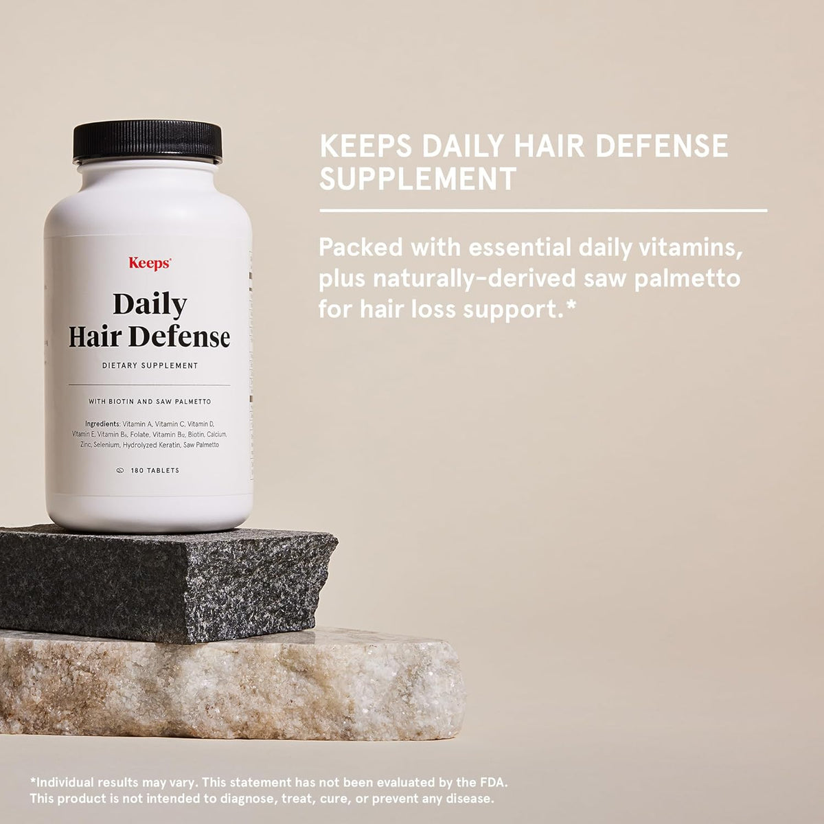 Keeps Daily Hair Supplement, 180 Tablets - Saw Palmetto Promotes Healthy Hair - Biotin, Vitamins A