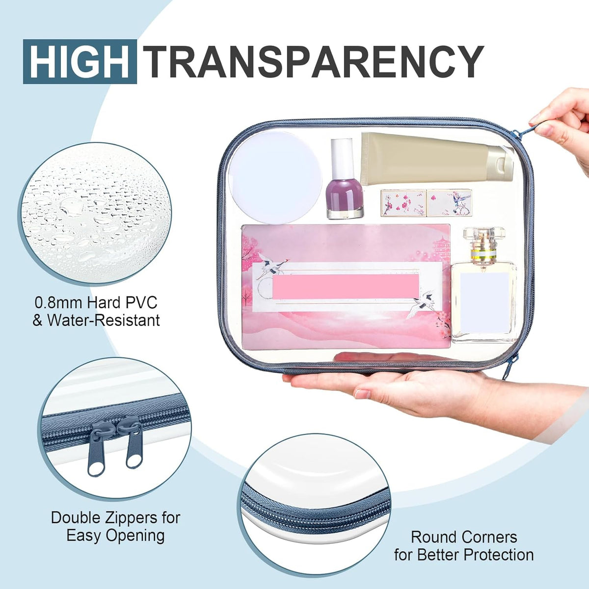 Hoolerry 4 Pcs Hard Clear Zipper Case Makeup Bags Plastic Pencil Pouch Transparent Storage Box