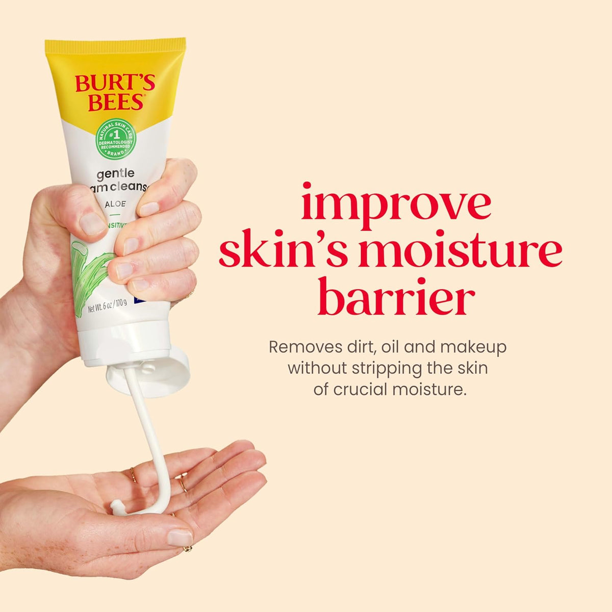 Burt's Bees Gentle Cream Cleanser with Aloe for Sensitive Skin, 98.9% Natural Origin, 6 Ounces