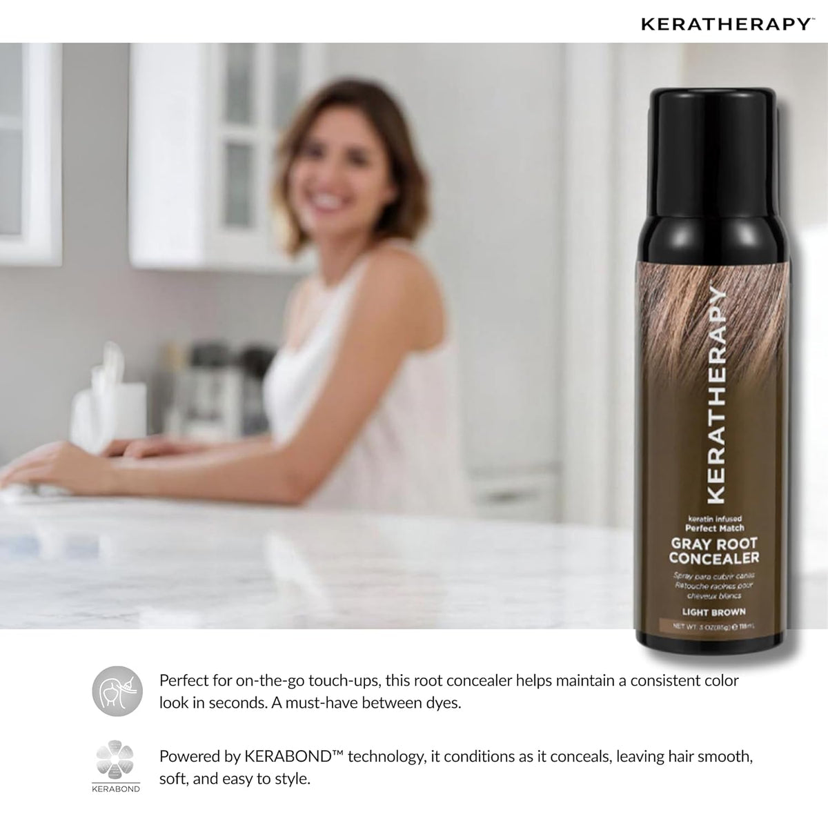 Keratherapy Keratin Infused Perfect Match Gray Root Concealer Spray, Light Brown, 3 oz, 118ml
