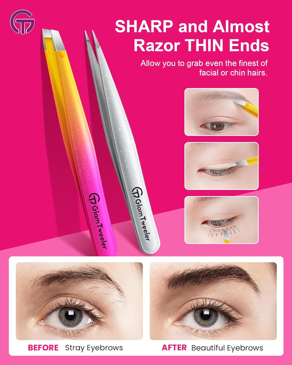 Expert Slant and Point Tip Tweezer Set with Exclusive Travel Case, GlamTweeler Sharp & Precision