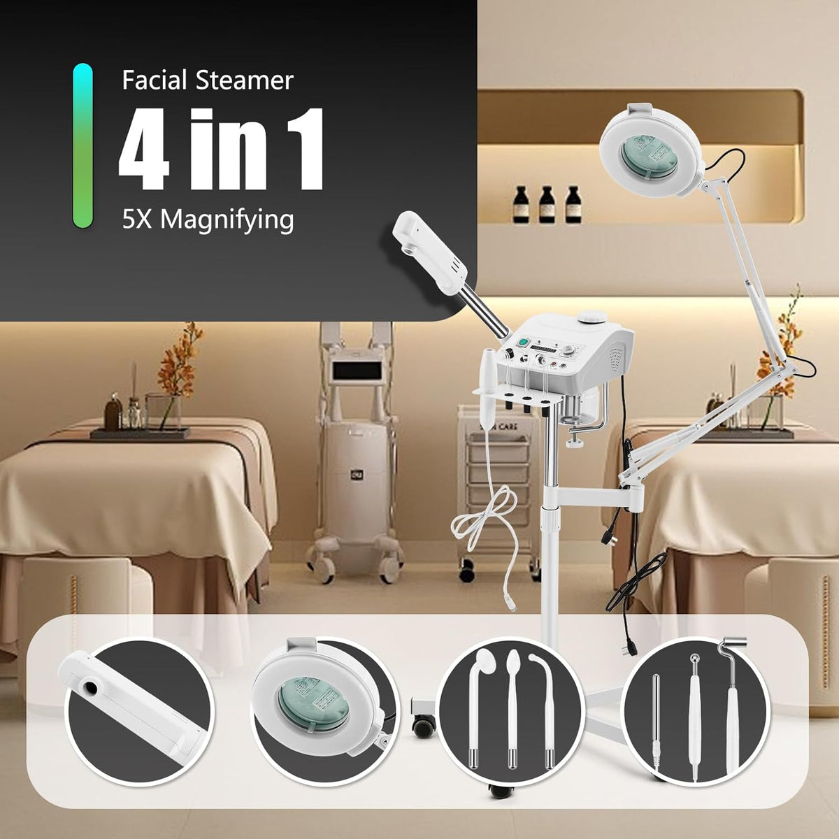 Professional 4in1 Ozone Face Steamer for Deep Hydration with Magnifying Lamp, High Frequency