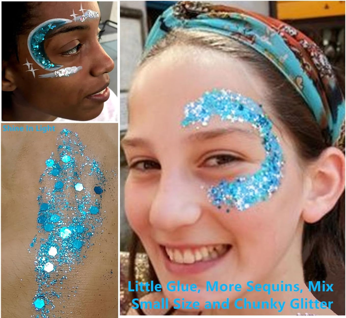 Go Ho Light Blue Face Body Glitter Gel,Blue Mermaid Face Paint Makeup,Holographic Chunky Sequins