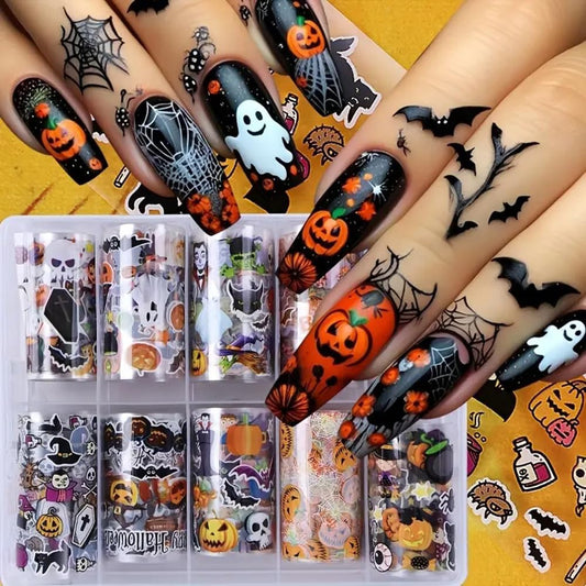 10 Rolls Halloween Nail Foil Transfer Stickers Decals, Kawaii Halloween Nail Polish Sheets Sky