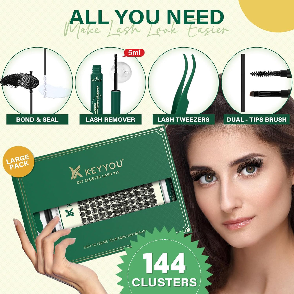 KEYYOU Lash Clusters Kit 144pcs Thick Volume D Curl Lash Clusters Lash Extension Kit with Mascara