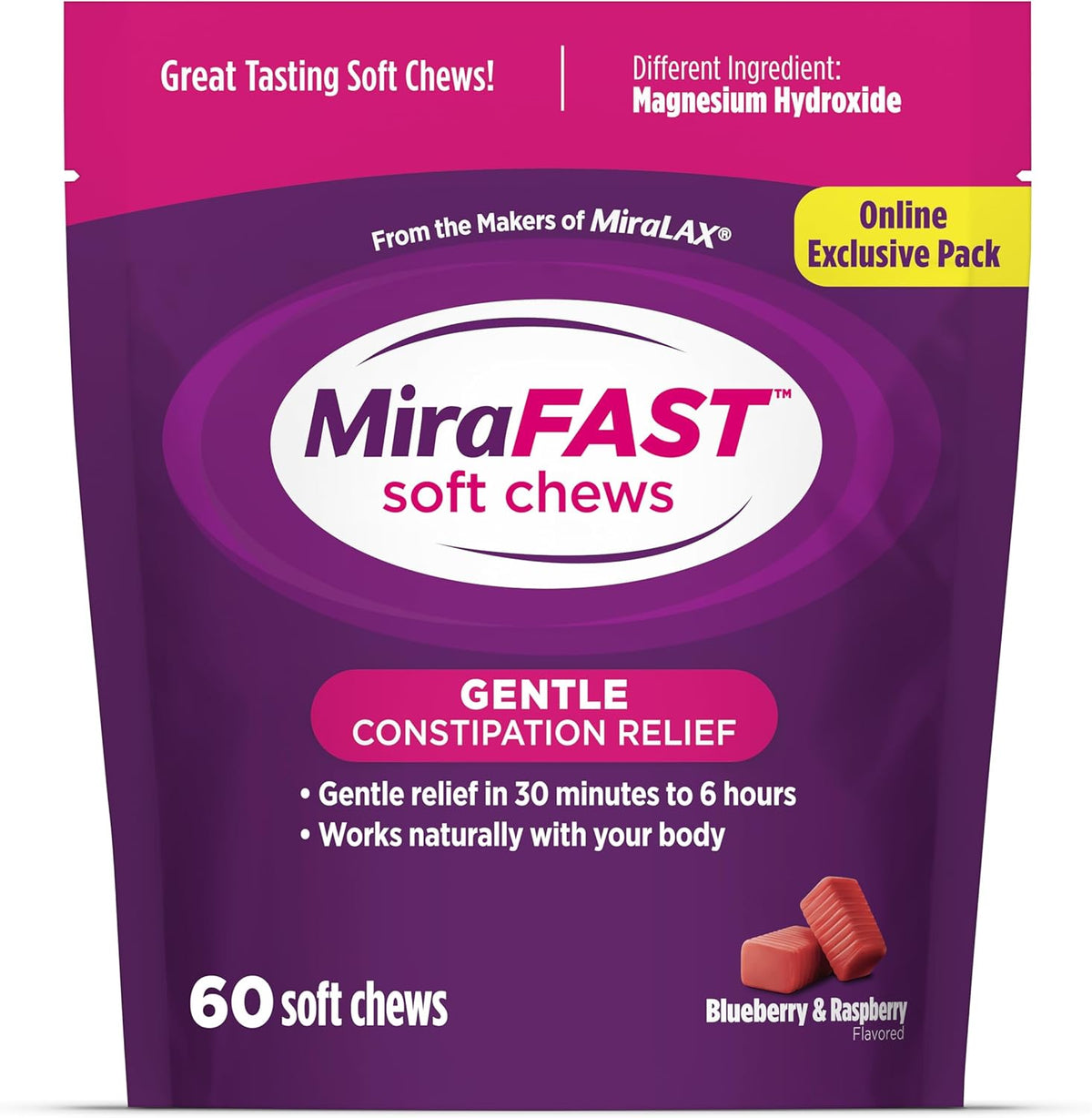 MiraFAST Soft Chews, from The Makers of MiraLAX, Gentle Constipation Relief, Fast Acting Laxative