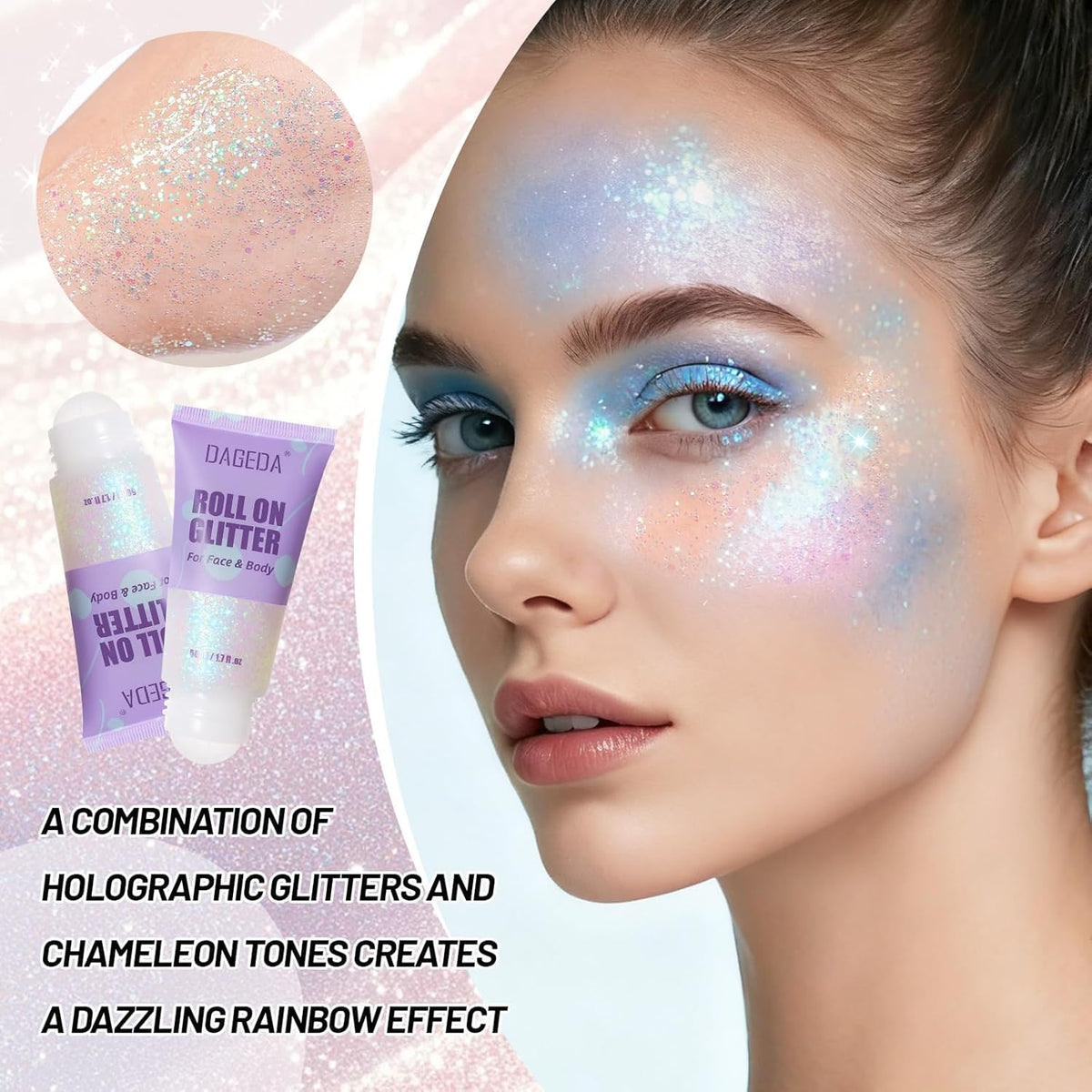 DAGEDA Roll-on Body Glitter,Holographic Eye Face Hair Glitter Gel for Festival Outfit Mermaid