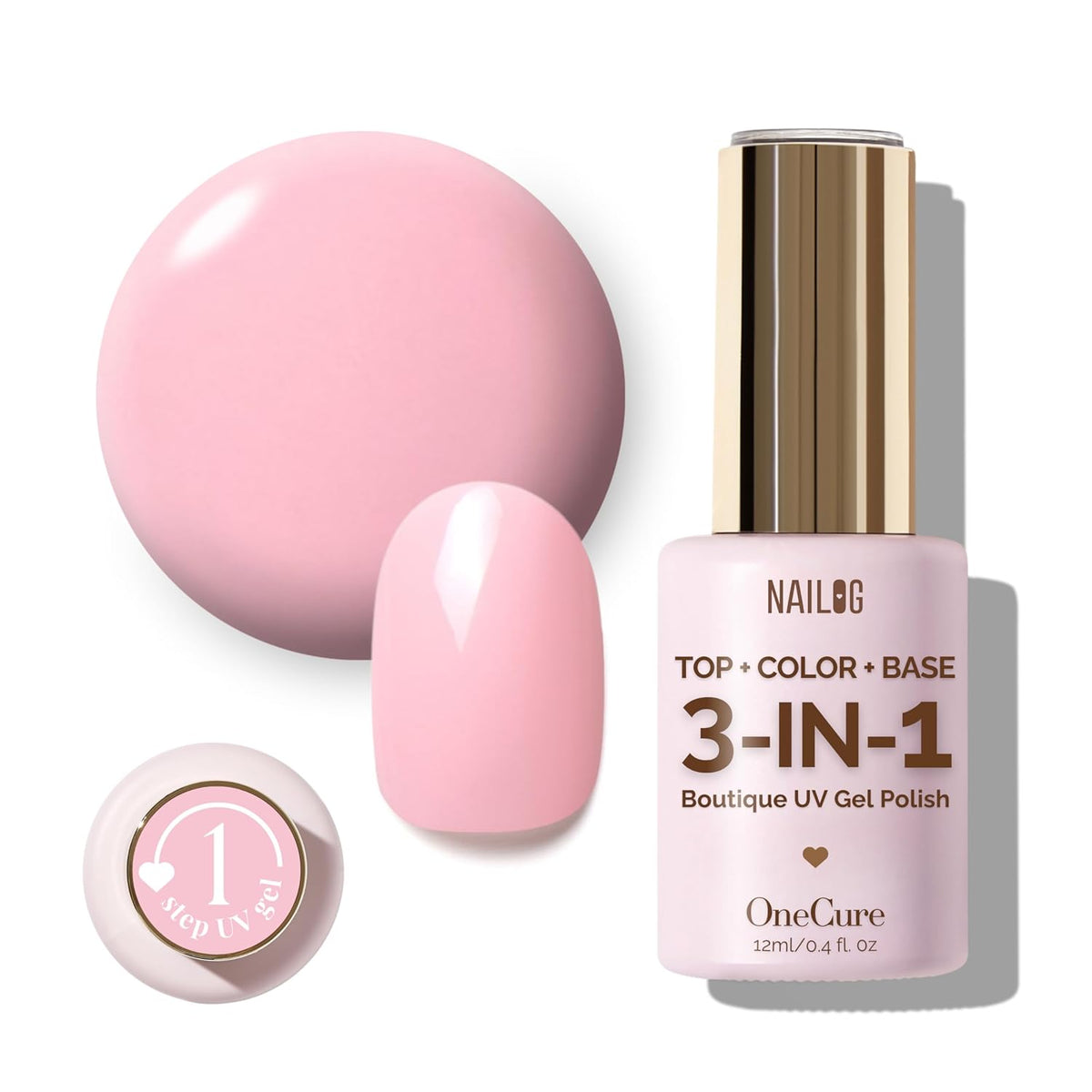 NAILOG One Step Pink Gel Nail Polish 12ml Top Coat Color Gel Base 3-In-1 Formula Soak Off UV Gel