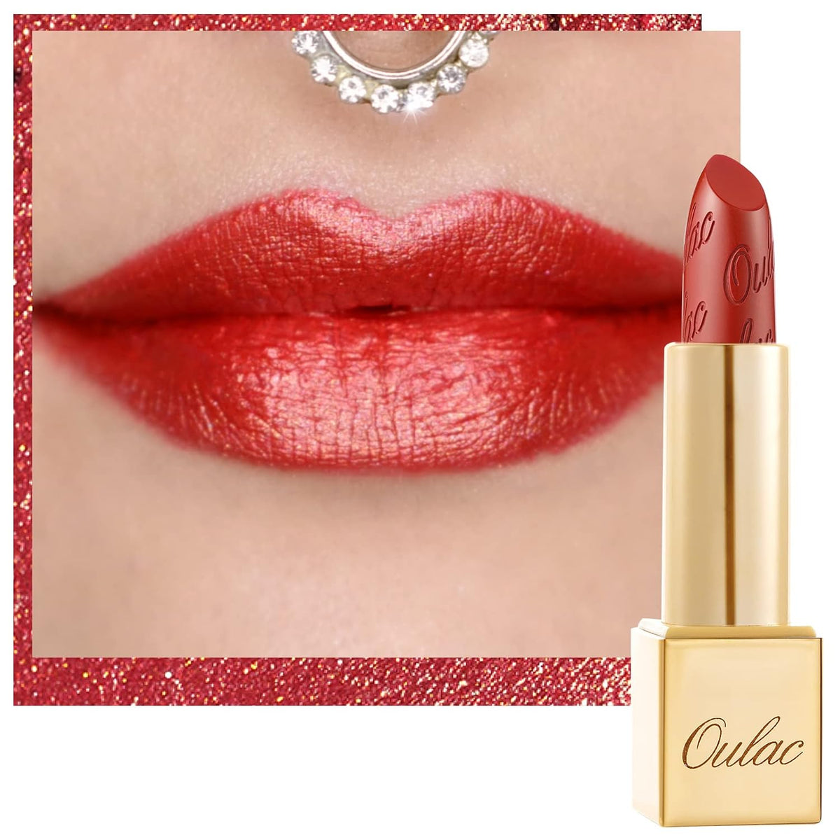 Oulac Orange Red Lipstick for Women with Metallic 3D Shine Lightweight Hydrating Formula, High