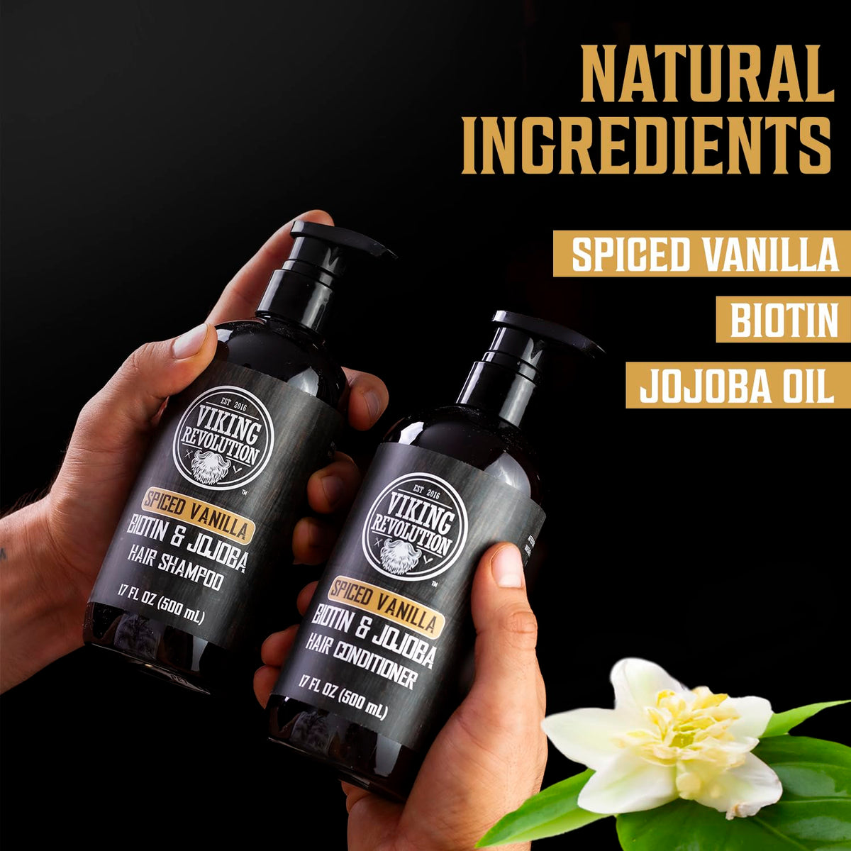 Viking Revolution Spiced Vanilla Mens Shampoo and Conditioner Set with Biotin and Jojoba Oil