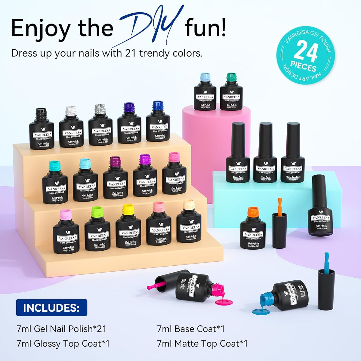 VANREESA 24 Pcs Gel Nail Polish Set, 21 Colors Gel Polish with Base Coat Glossy & Matte Top Coat