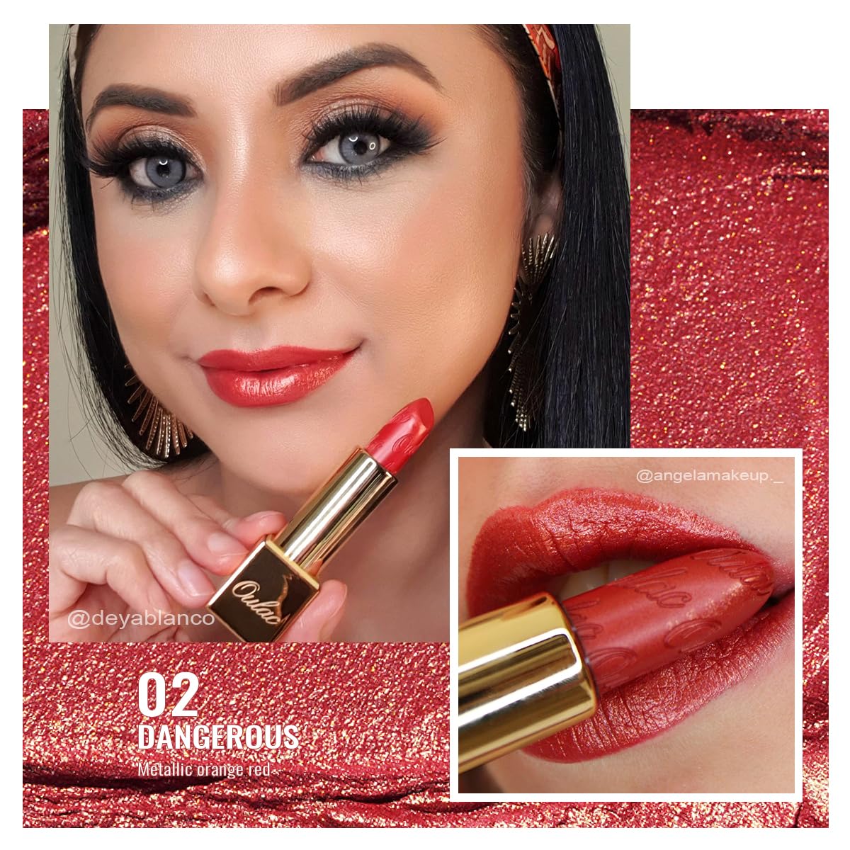 Oulac Orange Red Lipstick for Women with Metallic 3D Shine Lightweight Hydrating Formula, High