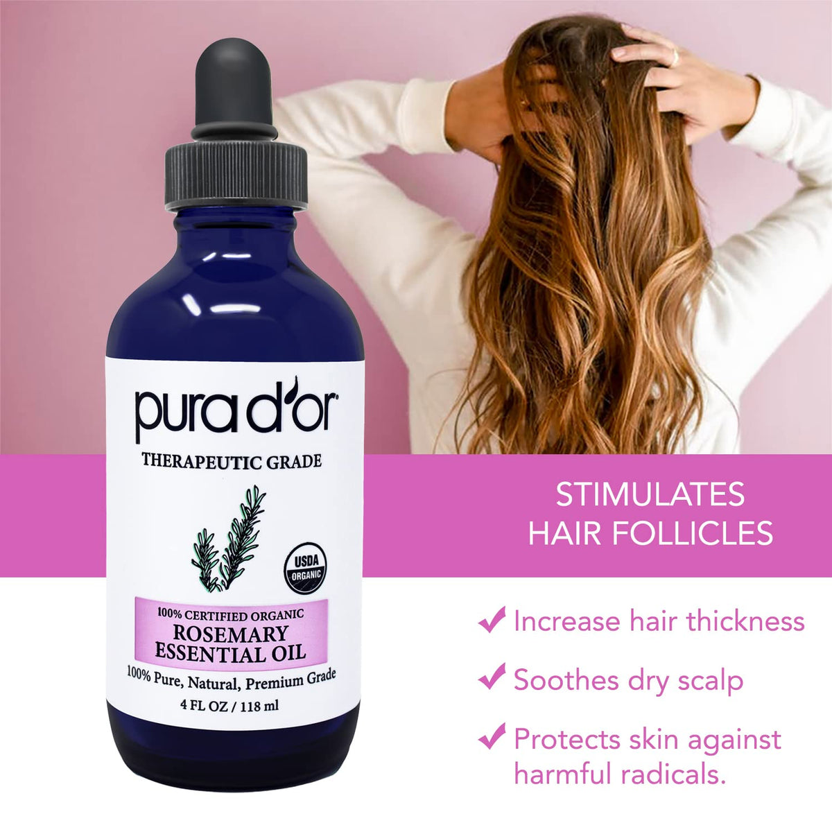 PURA D'OR Organic Rosemary Essential Oil, 4oz, Therapeutic Grade, for Hair, Body, Skin