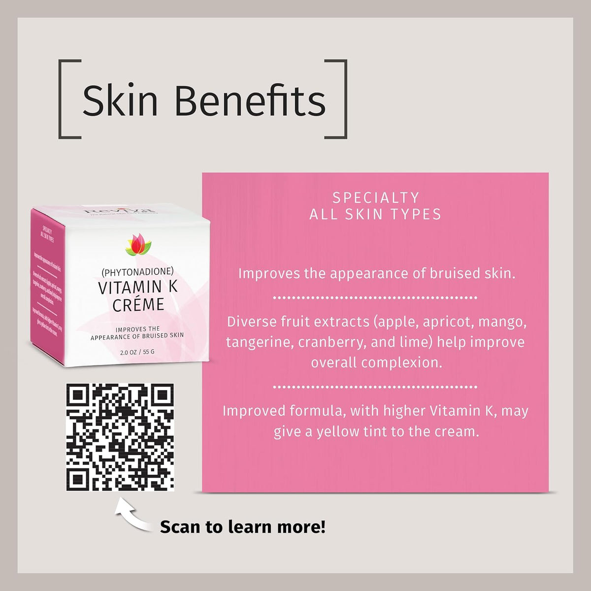 Reviva Labs Vitamin K Crème for Bruising, Under-Eye Dark Circles, and Wrinkles with Soybean Oil and