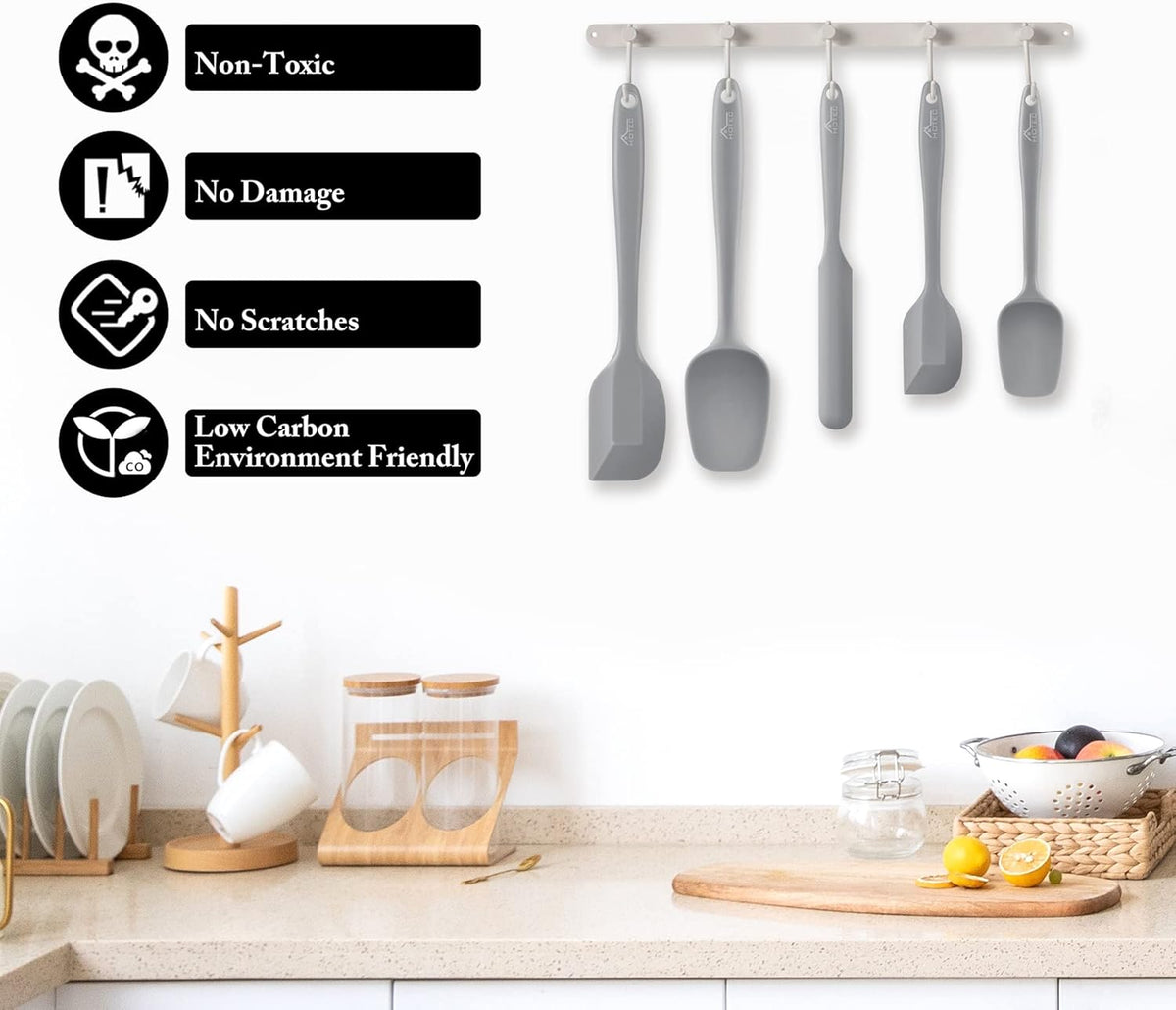 HOTEC 600℉ Heat Resistant BPA-Free Silicone Rubber Spatula Set,Kitchen Cooking Spatulas, Baking
