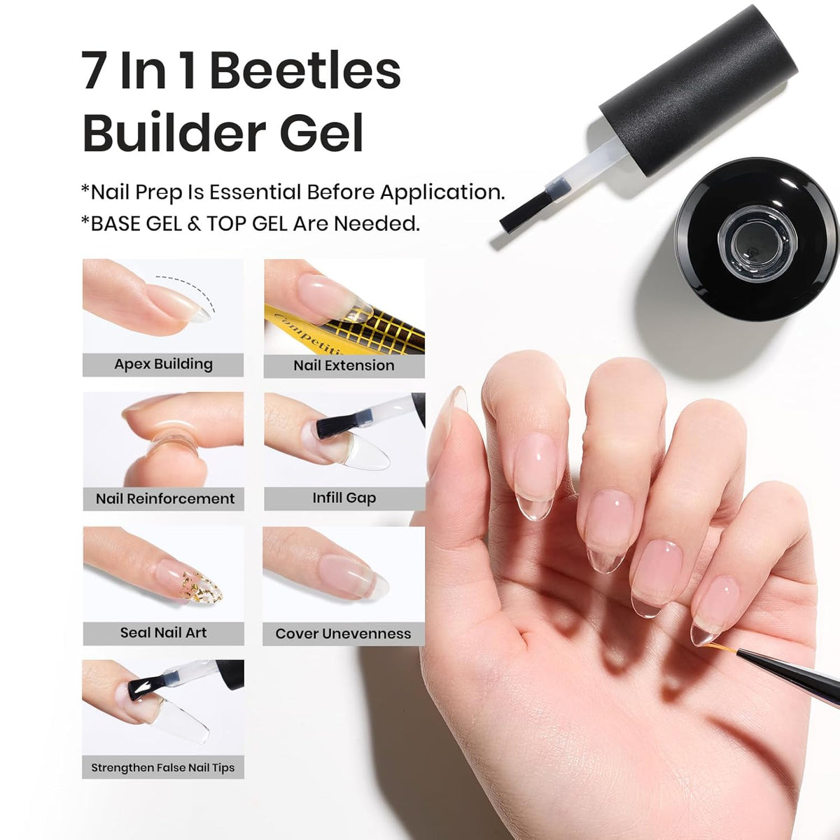Beetles Builder Gel for Nails 7-in-1 Clear Builder Nail Gel Kit for Nail Extension Strengthening