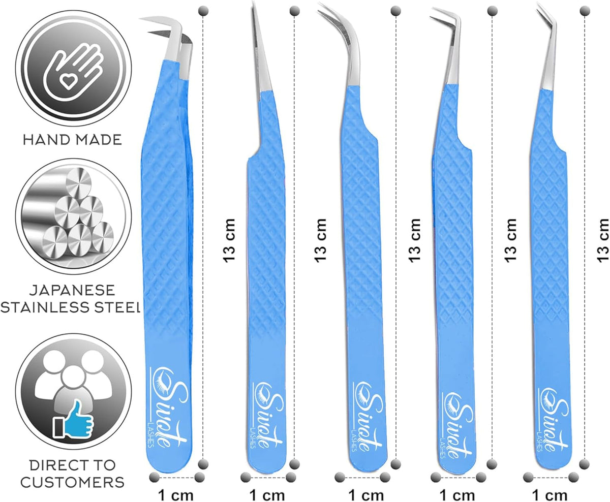 SIVOTE Lash Tweezers for Eyelash Extensions, Pack of 5 Blue – Lash Extension Tweezers Set with