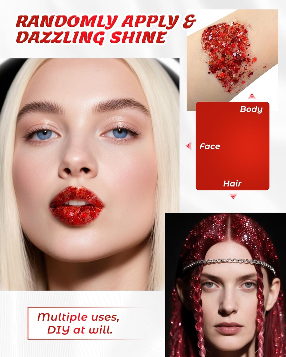 6PCS Red Face Body Glitter Gel，Holographic Chunky Sequins Body Glitter Paint for Party Singer