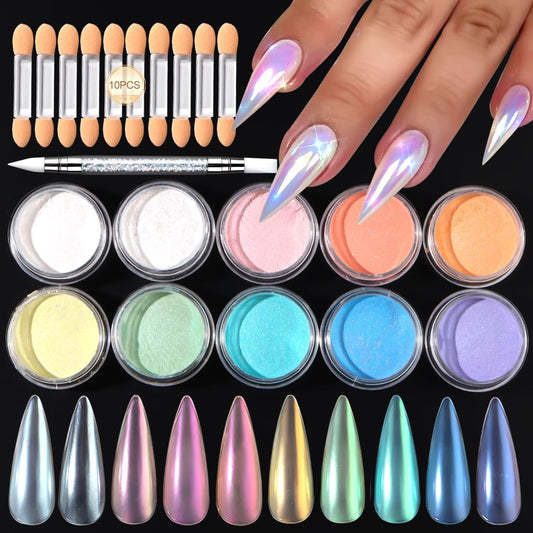 10 Colors Mermaid Pearl Chrome Nail Powder, Iridescent Aurora Powder Metallic Mirror Effect Pigment