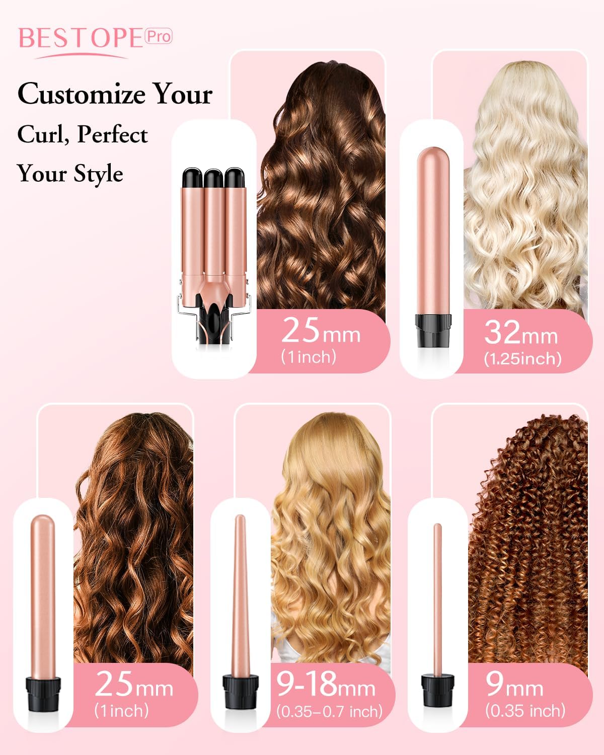 Waver Curling Iron Wand, BESTOPE PRO 5 in 1 Curling Wand Set with 3 Barrel Hair Crimper for Women