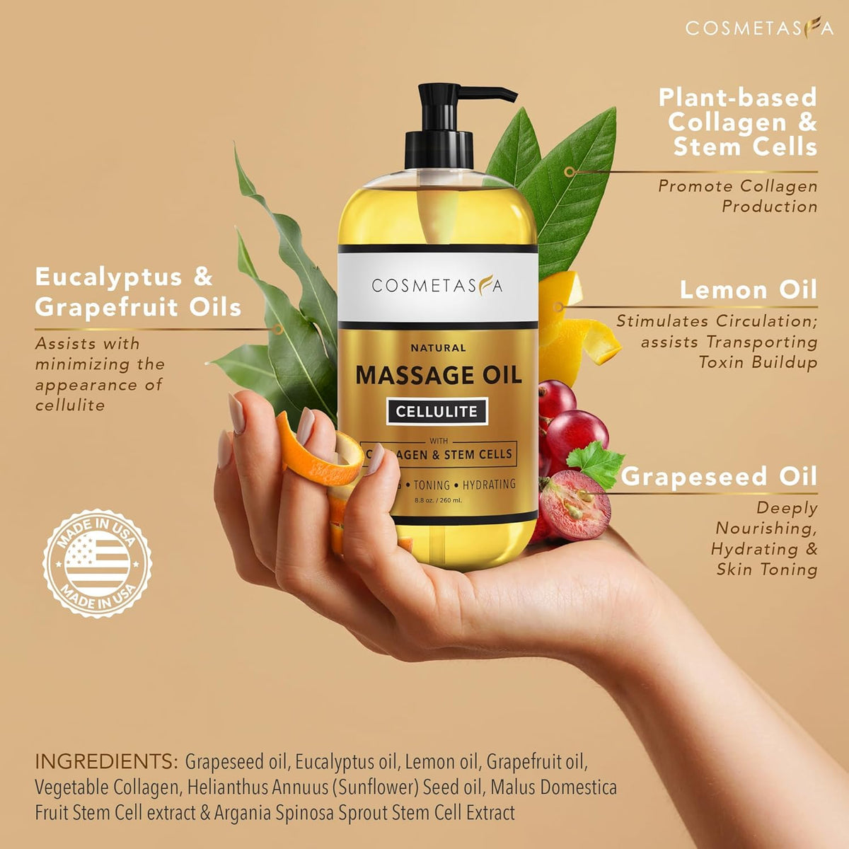 Cellulite Massage Oil with Collagen & Stem Cells- 100% Natural Anti Cellulite Oil, Assists with