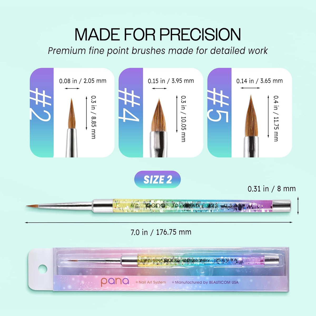 PANA 3D Kolinsky Nail Art Brush - Rainbow Glitter Handle, Size 2 - Acrylic Nail Art Sculpture Brush