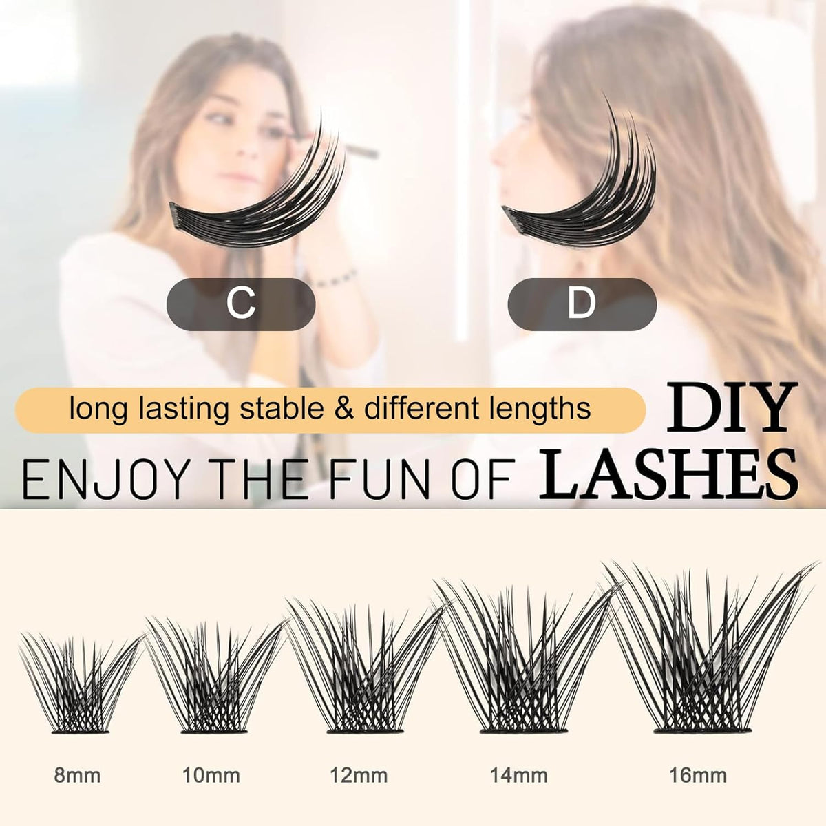 QUEWEL Cluster Lashes 72 Pcs Wide Stem Individual Lashes C/D Curl 8-16mm Length DIY Eyelash