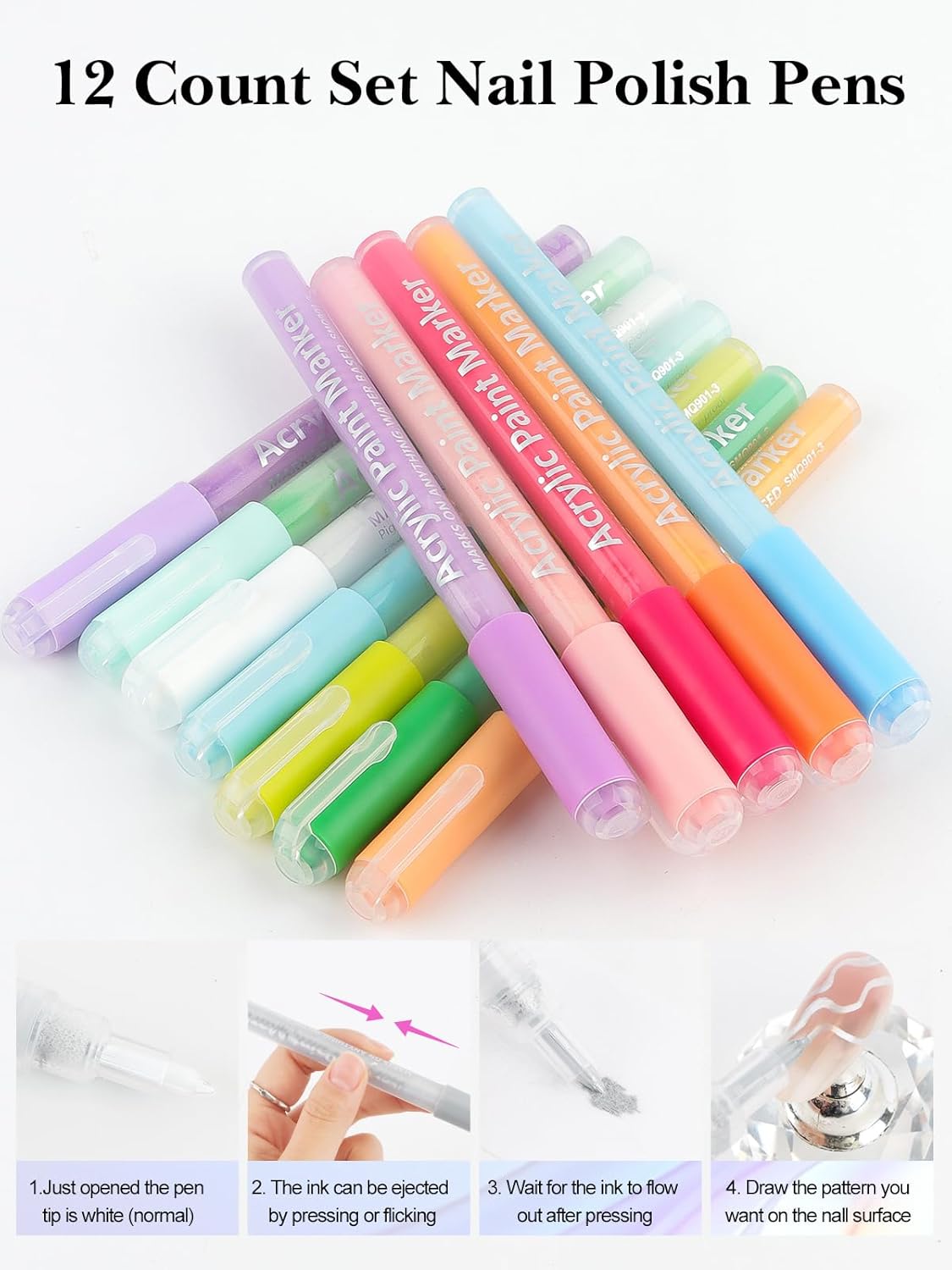 EBANKU 12 Colors Nail Art Pens Acrylic Paint Marker, Nail Polish Pens Quick Drying 0.7MM 3D Acrylic