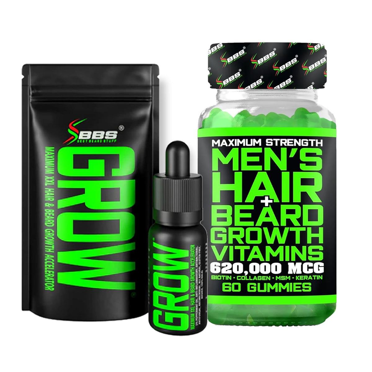 Beard Growth Kit w/GROW Beard Oil for Men (Mens Beard Growth Serum) + Biotin Gummies Beard Growth