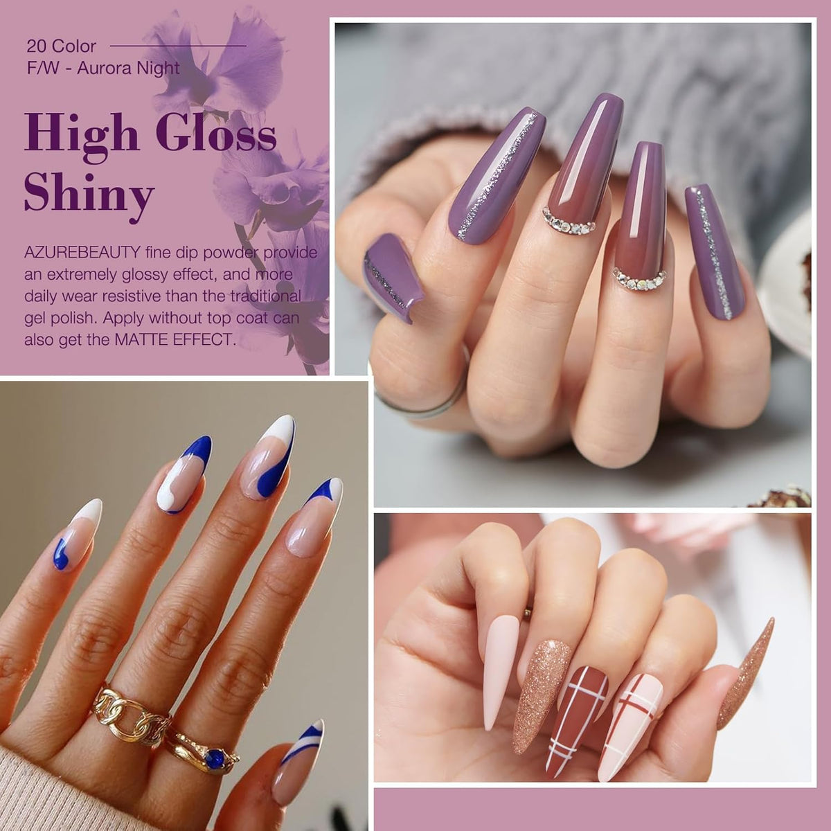 31Pcs Dip Nails Powder Starter Kit, AZUREBEAUTY 20 Colors Purple Blue Glitter Dipping Powder