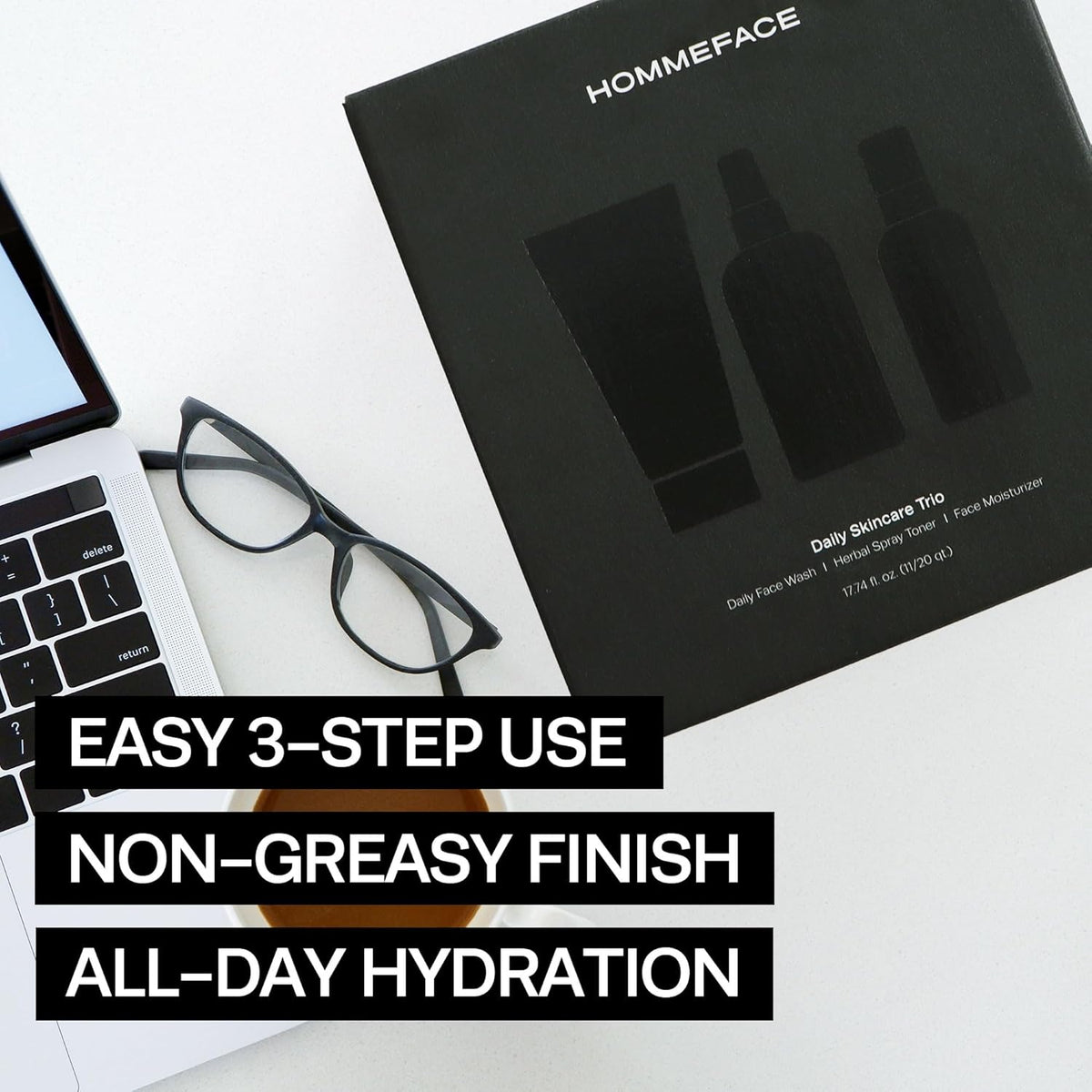 HommeFace Men’s Daily Trio 3-Step Daily Routine Set with Face Wash, Herbal Spray Toner &