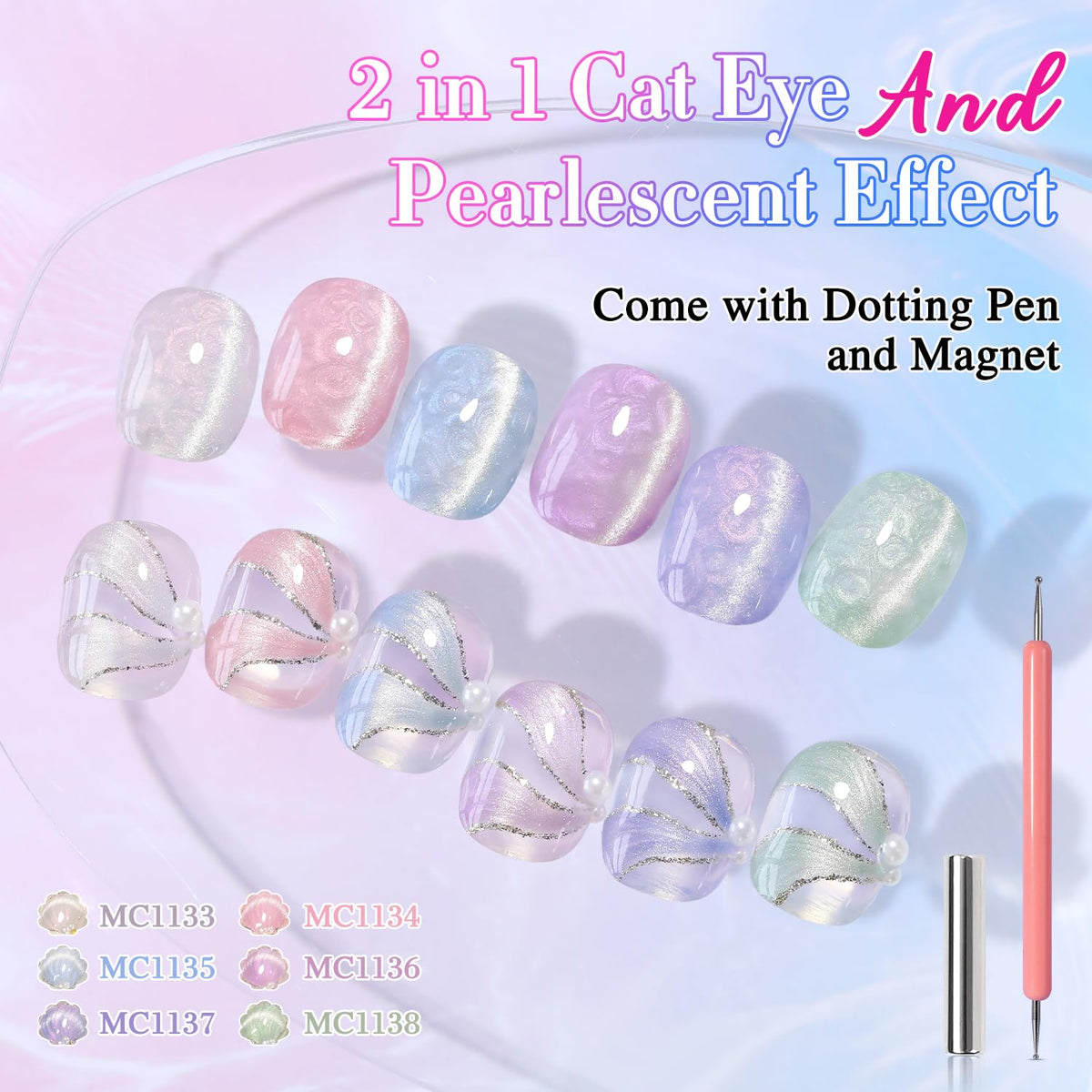 Double Rhythm Cat Eye Gel Nail Polish Set of 6 Same Color Same Bottle 0.5 Oz Shimmer Glitter with