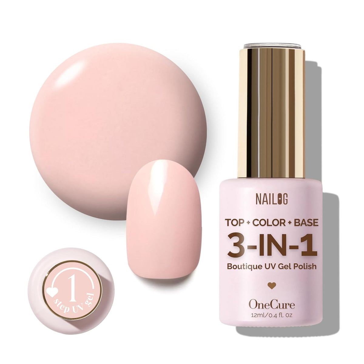 NAILOG One Step Light Pink Gel Nail Polish 12ml Top Coat Color Gel Base 3-In-1 Formula Soak Off UV
